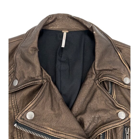 Y2K Free People Bronze Vegan Leather Asymmetrical Zip Moto Jacket | Streetwear - Picture 16 of 16